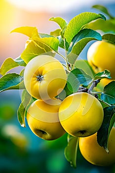 A bunch of yellow apples hanging from a tree branch