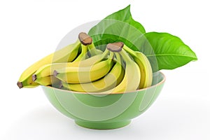 Bunch of yellow bananas with leaves in bowl.