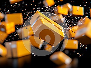 A bunch of yellow cubes falling into the air