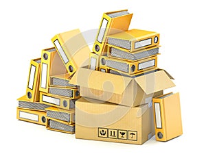 Bunch of yellow file folders in cardboard boxes 3D