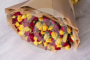 bunch of yellow and red roses, bush rose