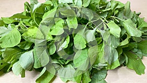A bunch of young spinach leaves for cooking on a wooden table