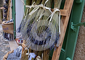 Bunches of aromatic dried lavender flowers for sale in shop in Provence, France