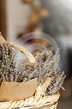 Bunches of aromatic dried lavender or lavandin flowers for sale in shop in Cyprus