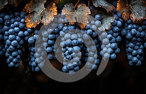 Bunches of blue grapes on a dark