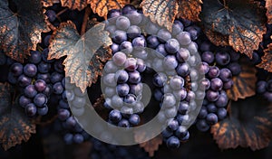 Bunches of blue grapes on a dark