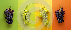 Bunches of blue and green grapes on color background. Design pattern for horizontal web banners