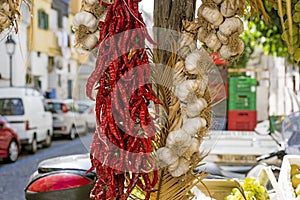 Bunches of chilli peppers hanging at the market