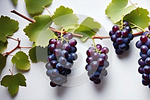 Bunches of ripe dark grapes on branches with green leaves on a white background. Fresh harvest of seasonal fruits