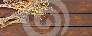 Bunches of dried herbs on wooden background banner