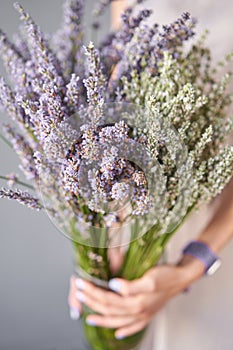 Bunches of dried lavender in basket. flower shop. Flowers delivery