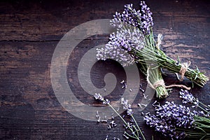 Bunches of fresh aromatic lavender on rustic wood