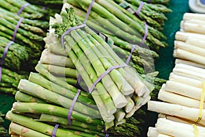 Bunches of fresh raw green organic asparagus vegetables for sale at farmers market. Vegan food concept. Stock photo green