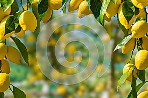 Bunches of fresh yellow ripe lemons with green leaves