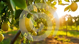 Bunches of fresh yellow ripe lemons on lemon tree branches under sun rays in Turkey garden