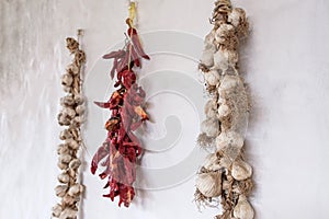 Bunches of peppers and garlic hanging on the wall. storing garlic and peppers