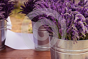 Bunches of Purple Lavender in Metal Buckets For Sale