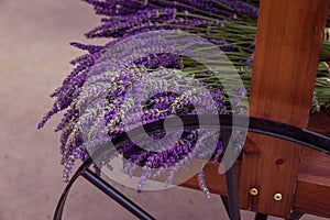 Bunches of Purple Lavender on Wood Cart For Sale