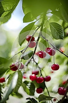 Bunches of red cherries in the garden on the branches