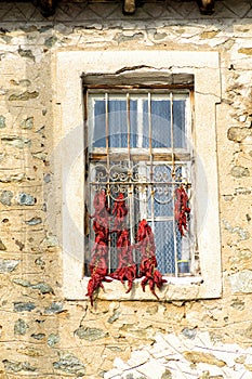Bunches of red peppers dried in the sun hang in front of the window