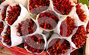 Bunches of red spicy dried chili peppers on sale at the fruit and vegetable market