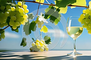 Bunches of ripe green grapes on a sunny day and a glass of white wine on the table. Winemaking concept