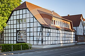 BUNDE, GERMANY. JUNE 12, 2021. ZurKlinke house. Beautiful view of small german town with typical architecture. Fachwerk style