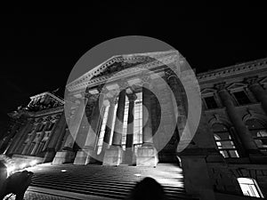 Bundestag parliament in Berlin at night in black and white