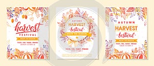 Bundle of autumn harvest festival banners with harvest symbols,leaves and floral element