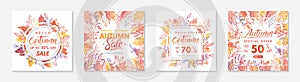 Bundle of autumn special offer banners with autumn leaves and floral elements in fall colors