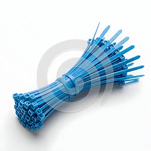 Bundle of blue cable ties on white background