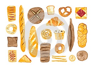 Bundle of breads and homemade baked products of different types, shapes and sizes isolated on white background - loaf