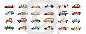 Bundle of cars of different body configuration styles - cabriolet, sedan, pickup, hatchback, van. Set of modern
