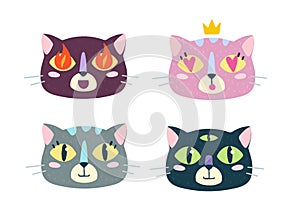 Bundle of cartoon animal muzzles, avatars, emoji: happy, smile, in love, passion, fire, amazement, supernatural. Cute funny cat