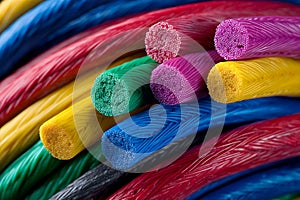 Bundle of colorful electrical cables isolated on white studio background