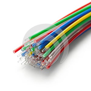 Bundle of colorful electrical wires isolated on white background