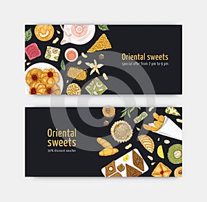 Bundle of coupon or voucher templates with sweet oriental desserts on plates. Traditional tasty confections, delicious