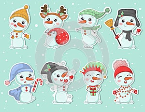 Bundle of cute cartoon snowmens stickers in knitted hats and scarves with Christmas gifts, snowflakes, holly, dressed as New Year