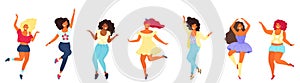 Bundle of dancing different young pretty girls. Modern flat colorful vector illustration.