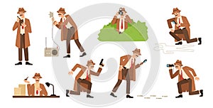 Bundle of detective with mustache looking through magnifying glass, sneaking, spying, solving crime, photographing. Male photo