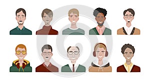 Bundle of different men avatars. Set of colourful user portraits. Male characters faces. Smiling men avatar collection. Vector