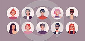 Bundle of different people avatars. Set of colorful user portraits. Male and female characters faces. Smiling young men