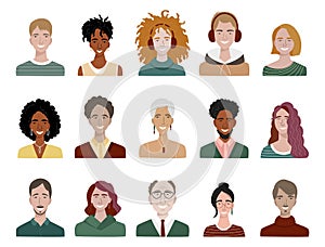 Bundle of different people avatars. Set of colourful user portraits. Male and female characters faces. Smiling women and men
