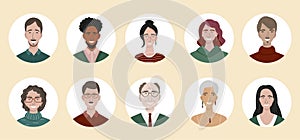 Bundle of different people avatars. Set of colourful user portraits. Male and female characters faces. Smiling women and men