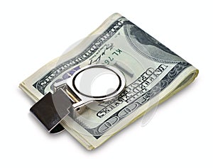 Bundle of 100 dollars bank notes fasten with money clip