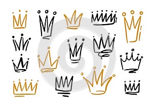 Bundle of drawings of crowns or coronets for king or queen. Symbols of monarchy, sovereign authority and power hand