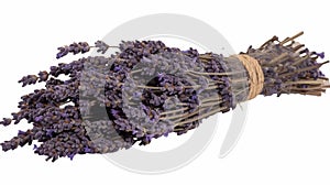 A bundle of dried lavender its purple buds releasing a calming and floral scent. Lavender is used in herbal remedies to