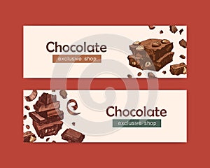 Bundle of elegant web banner templates with chocolate bars, sweet tasty organic desserts, natural delicious confections