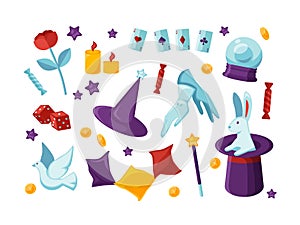 Bundle of equipment and tools for performing magic show and magical tricks isolated on white background - bunny sitting photo