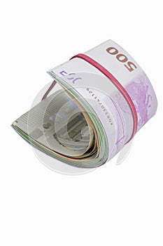 Bundle of European Currency Banknotes isolated Over Pure White